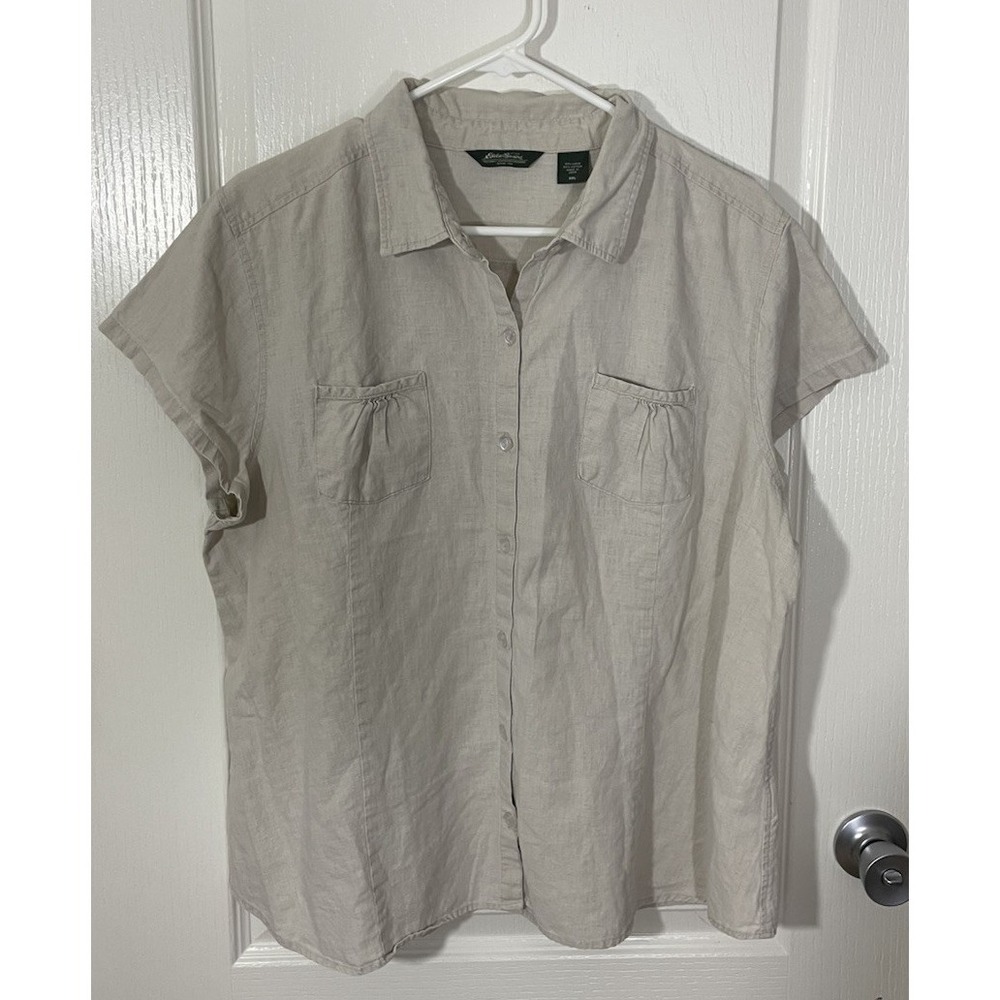 Eddie Bauer Linen Blend Short Sleeve Shirt XXL Beige Tan Fisherman Coastal